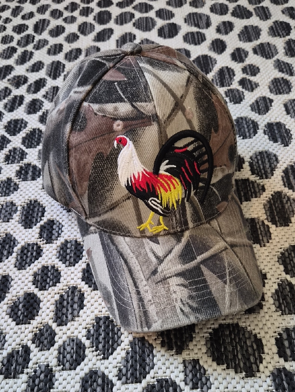 Leafy Camo Baseball Cap with Colorful Rooster "Coch" Embroidery